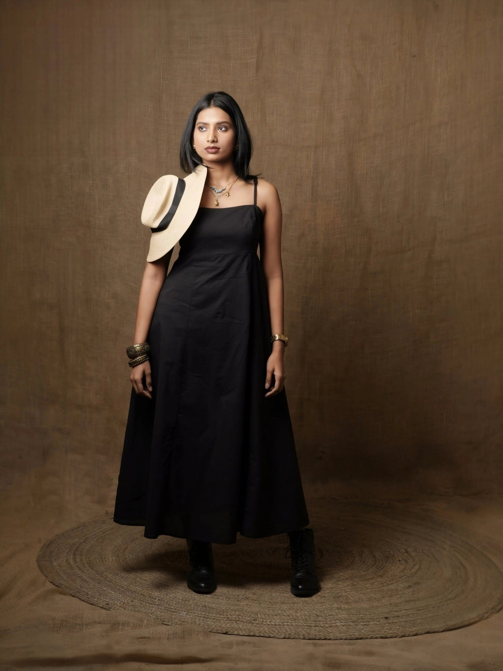 PANNELLED SPAGHETTI DRESS - BLACK