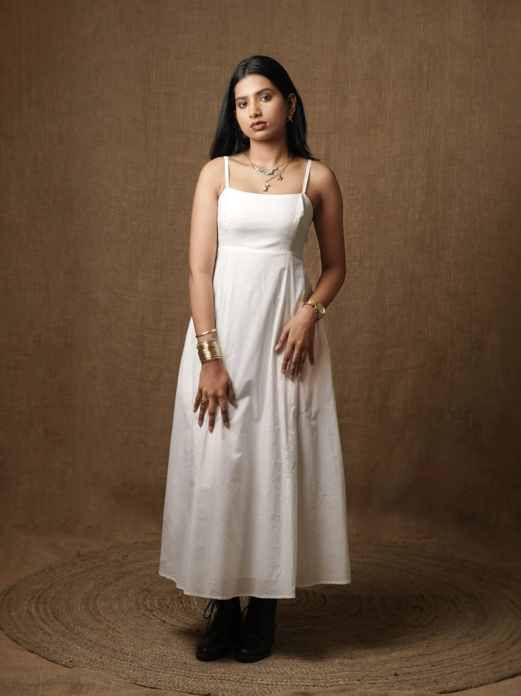 White spaghetti-strap panelled dress, square neckline, A-line skirt