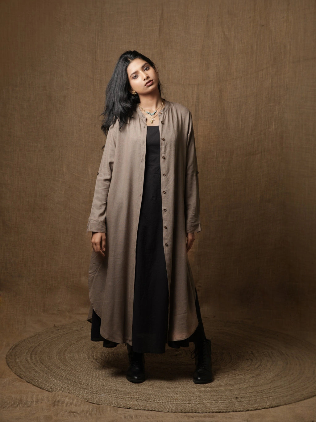 LUXE LINEN MUD-GREY SHIRT DRESS