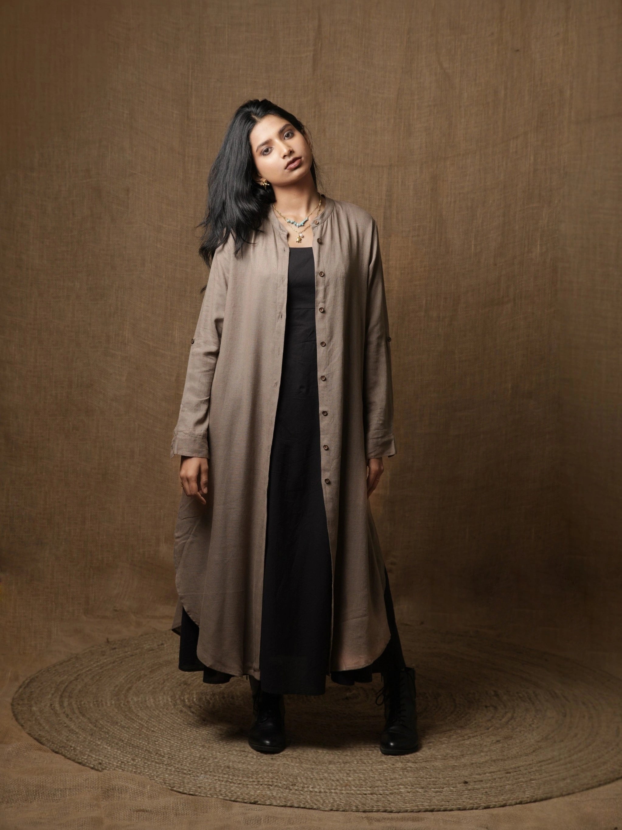 LUXE LINEN MUD-GREY SHIRT DRESS