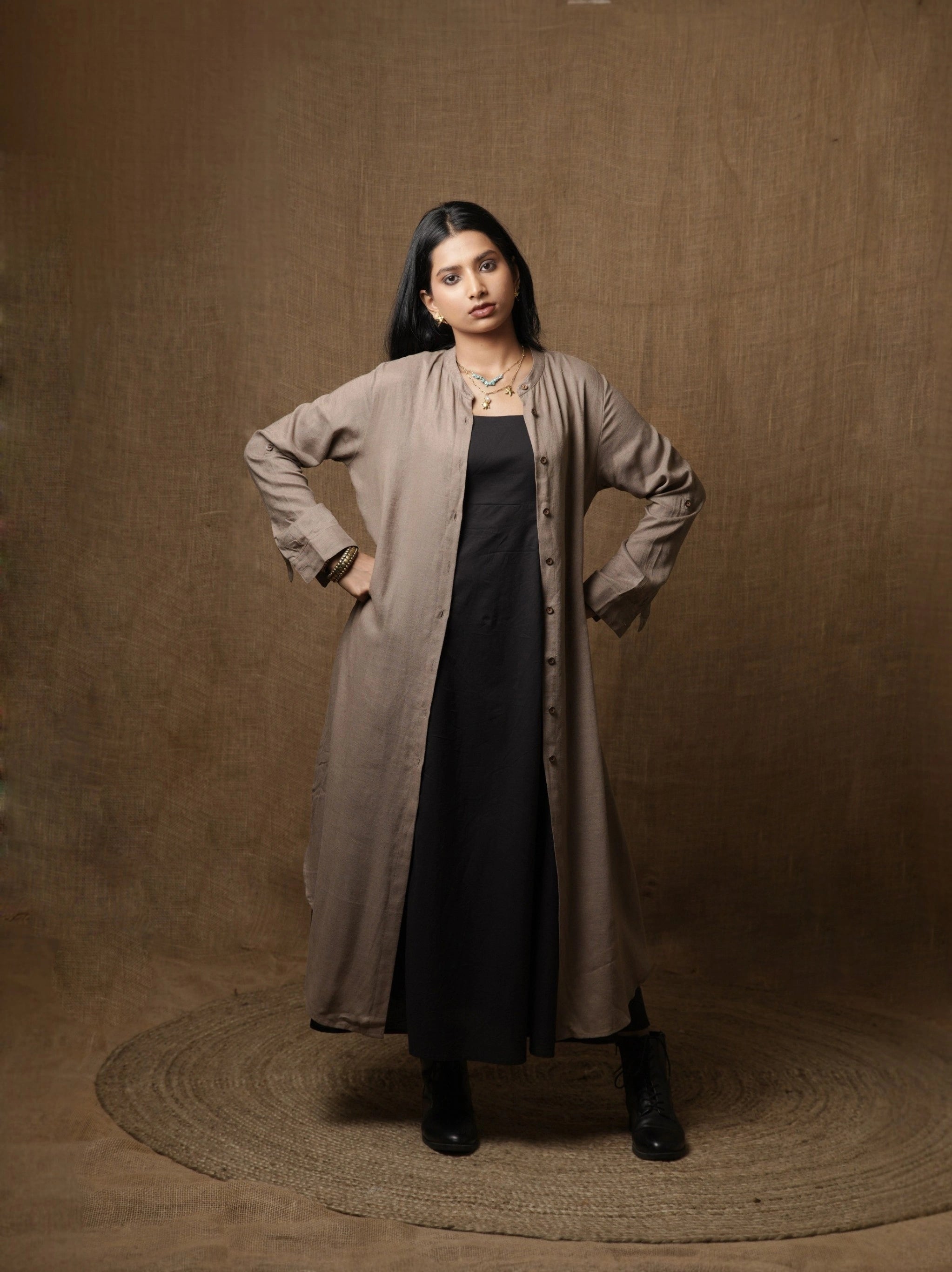 LUXE LINEN MUD-GREY SHIRT DRESS