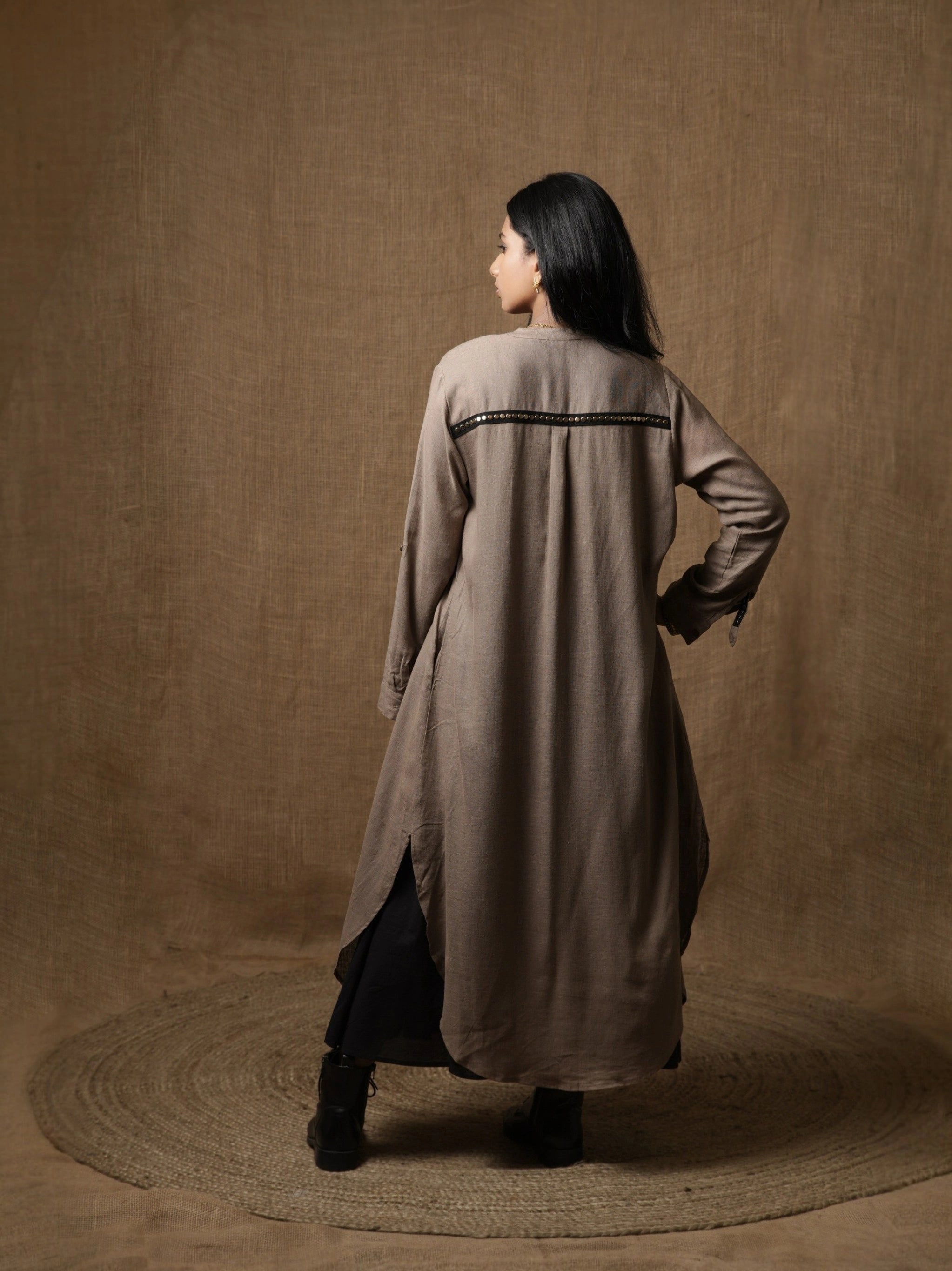 LUXE LINEN MUD-GREY SHIRT DRESS