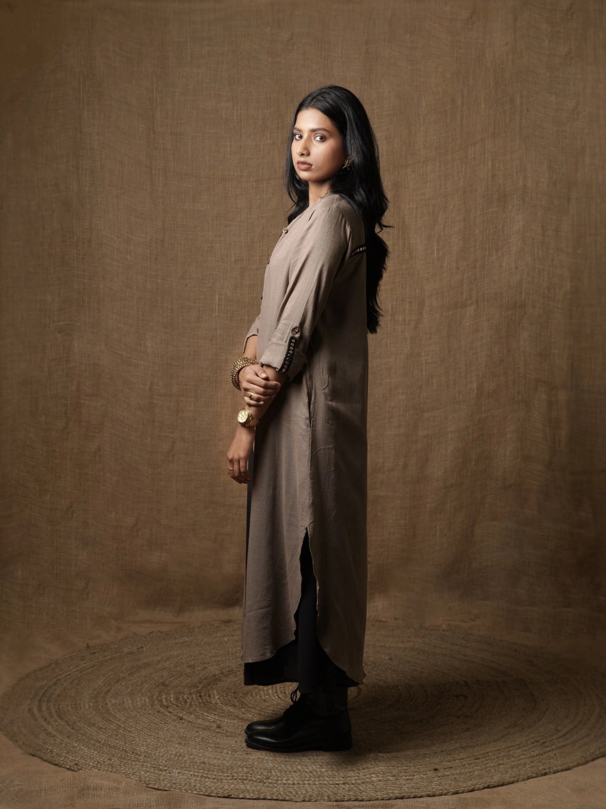 LUXE LINEN MUD-GREY SHIRT DRESS