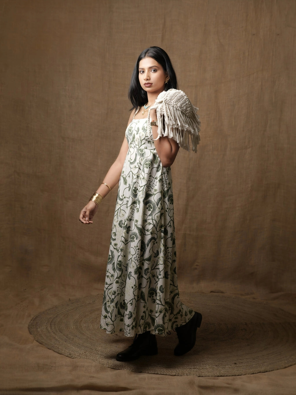 PANNELLED SPAGHETTI DRESS - LEAF PRINT