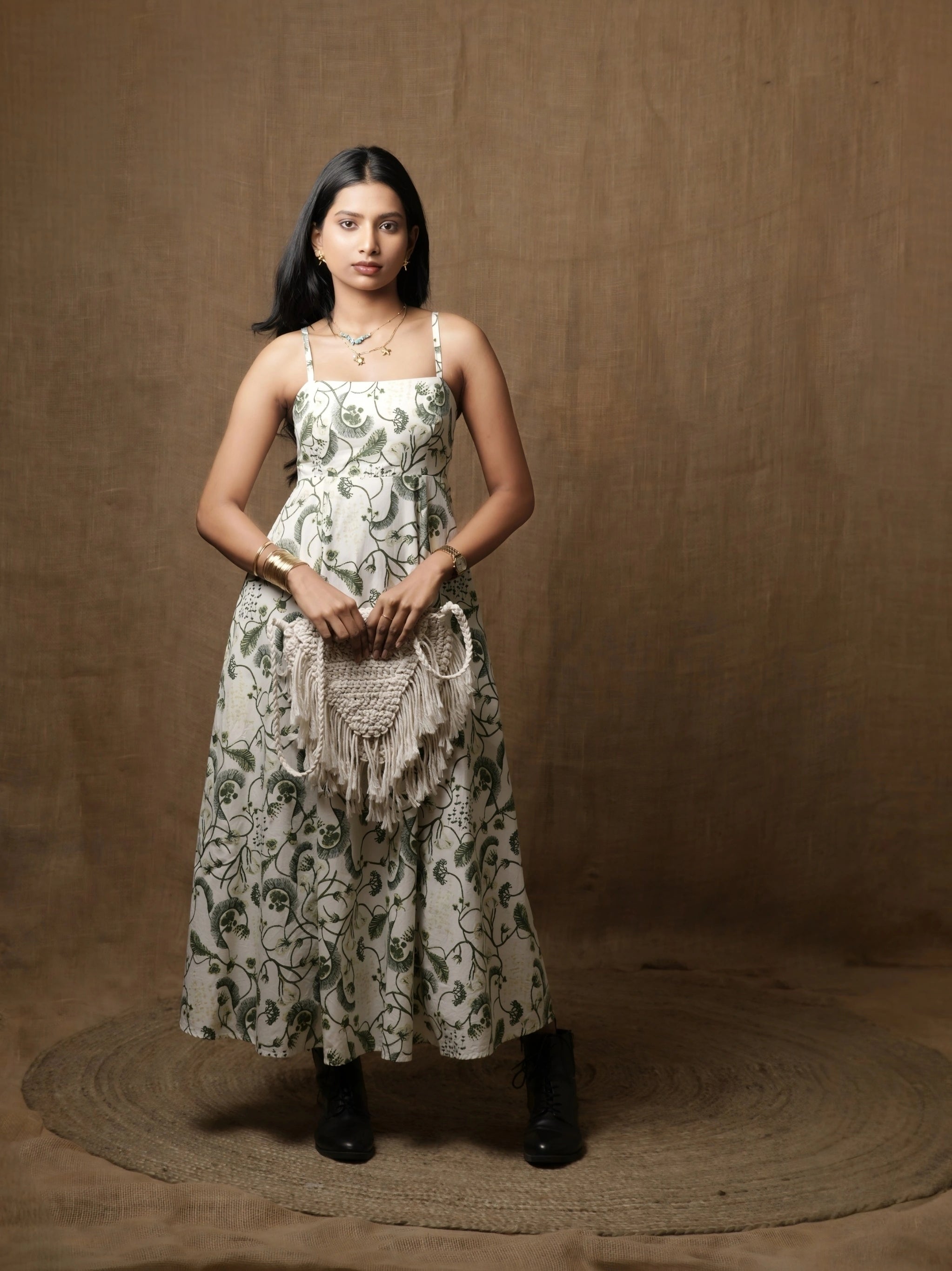 PANNELLED SPAGHETTI DRESS - LEAF PRINT