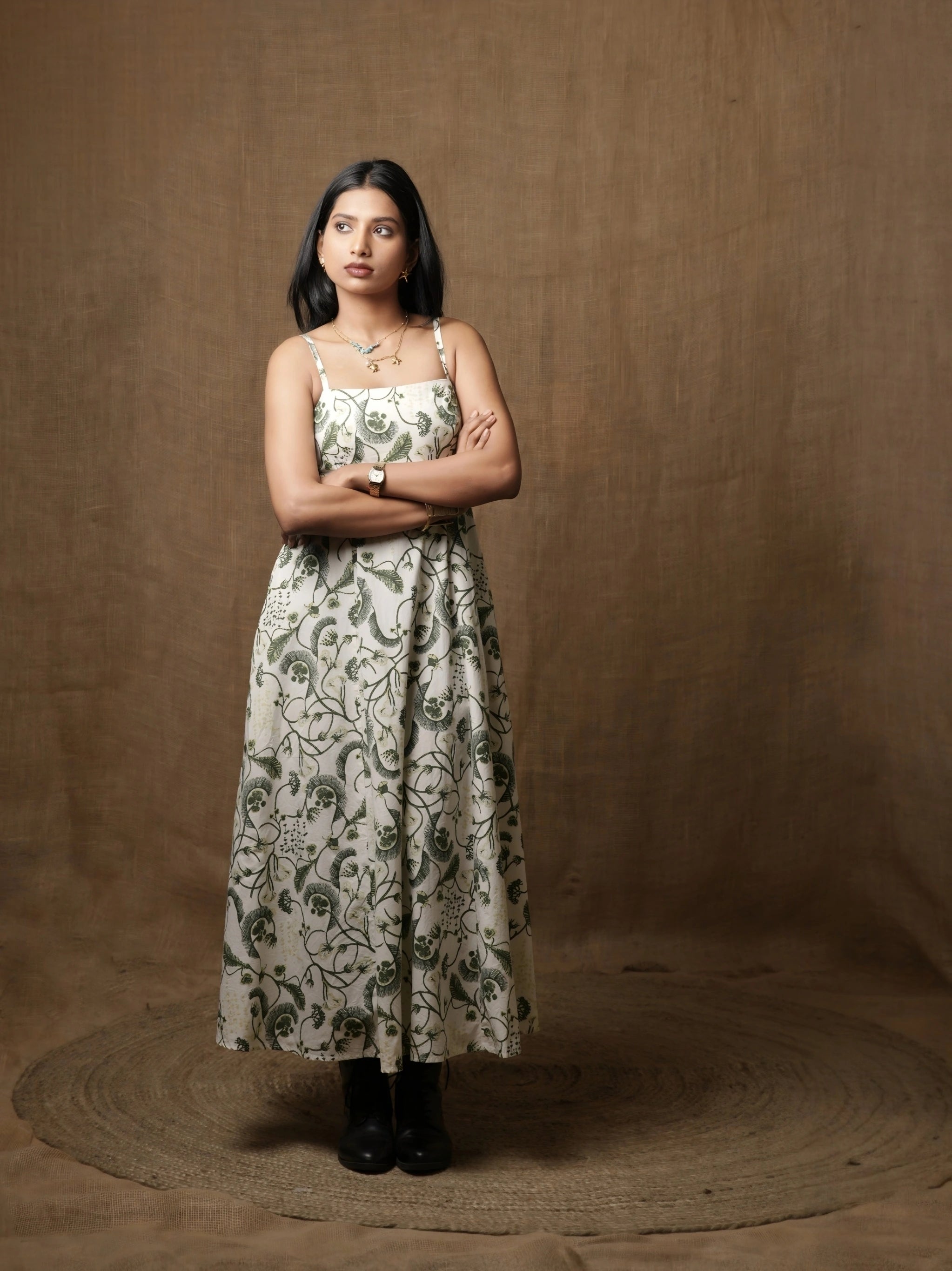 PANNELLED SPAGHETTI DRESS - LEAF PRINT