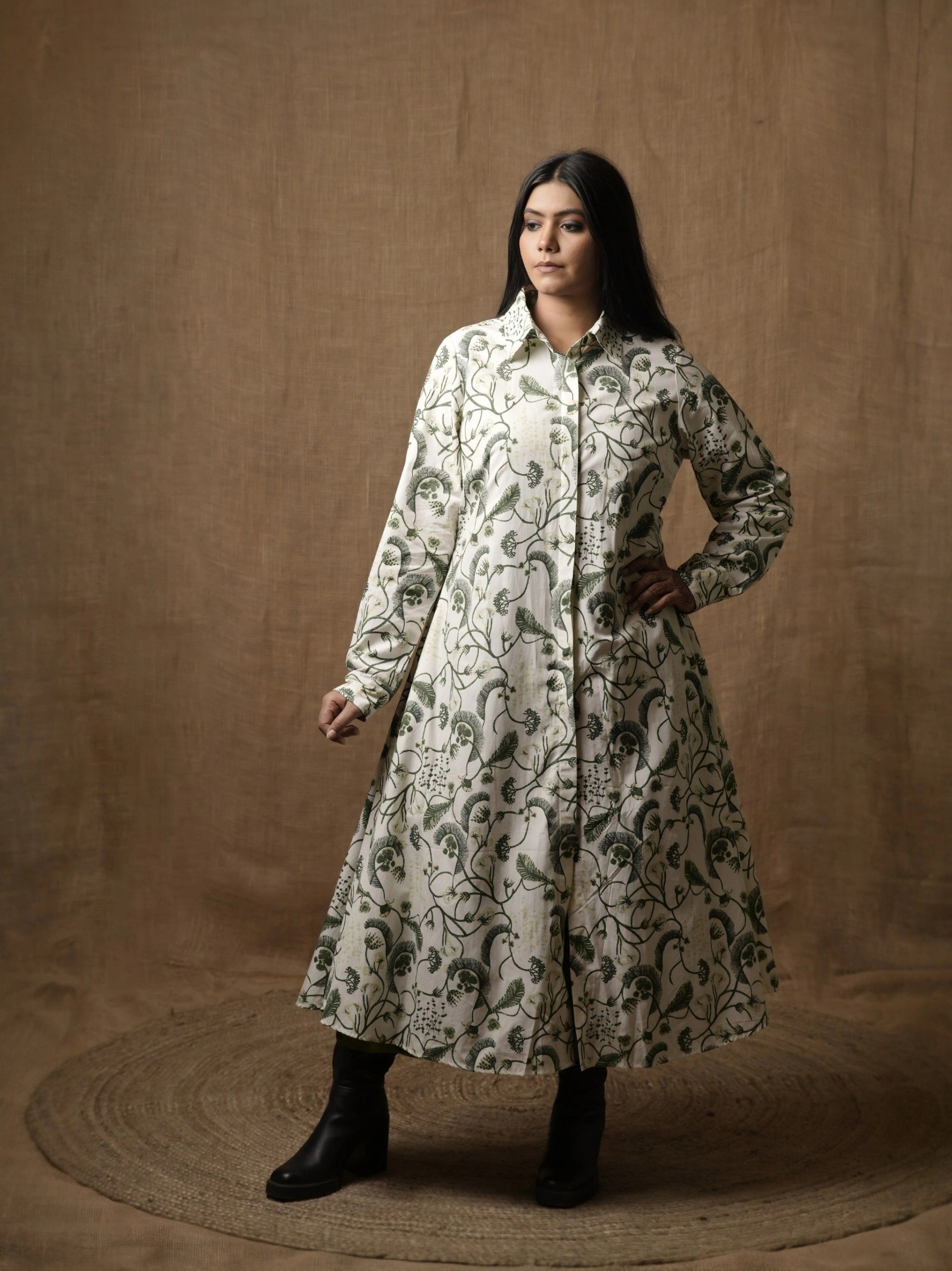 ALINE SHIRT DRESS - LEAF PRINT