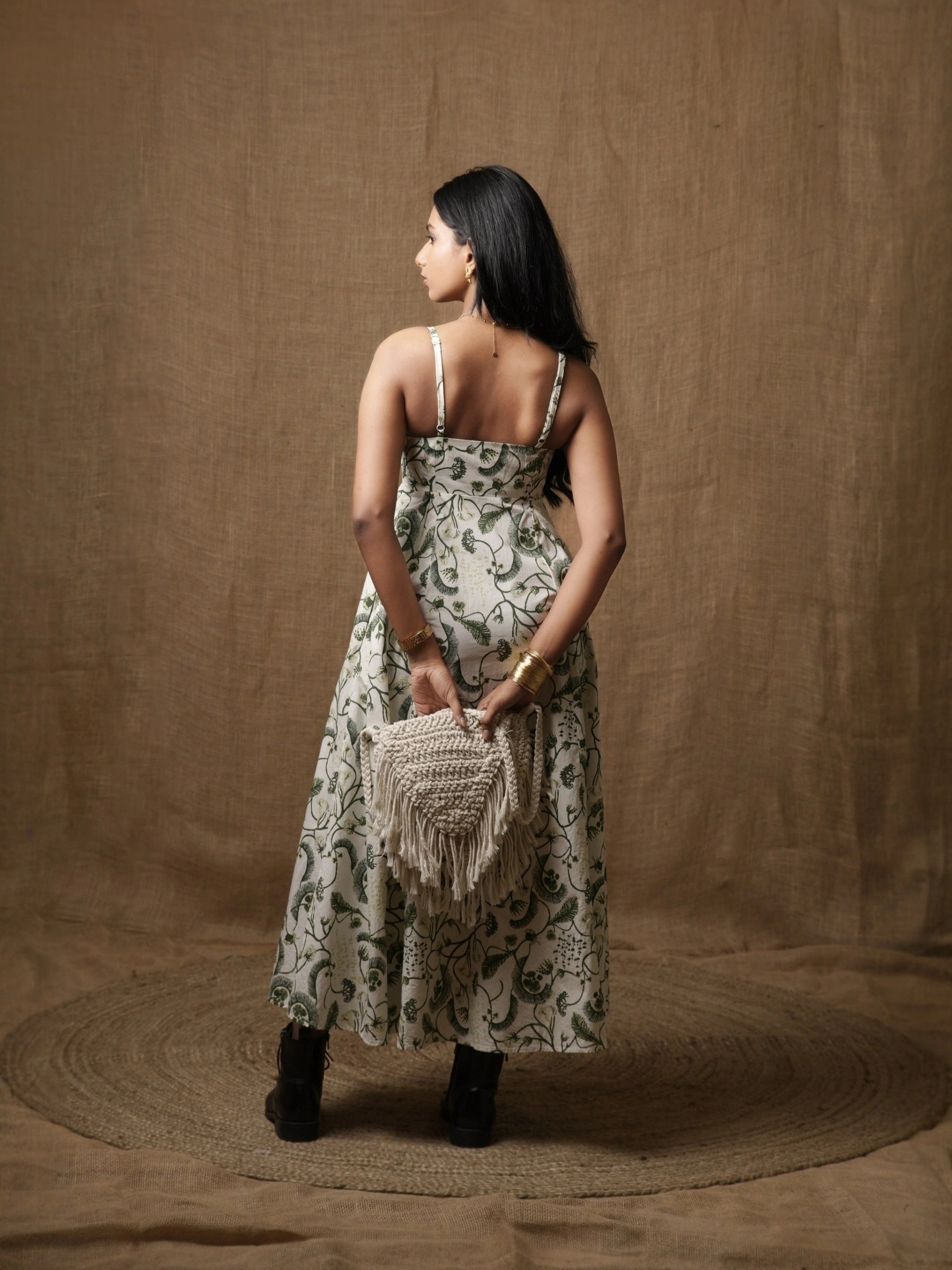 PANNELLED SPAGHETTI DRESS - LEAF PRINT